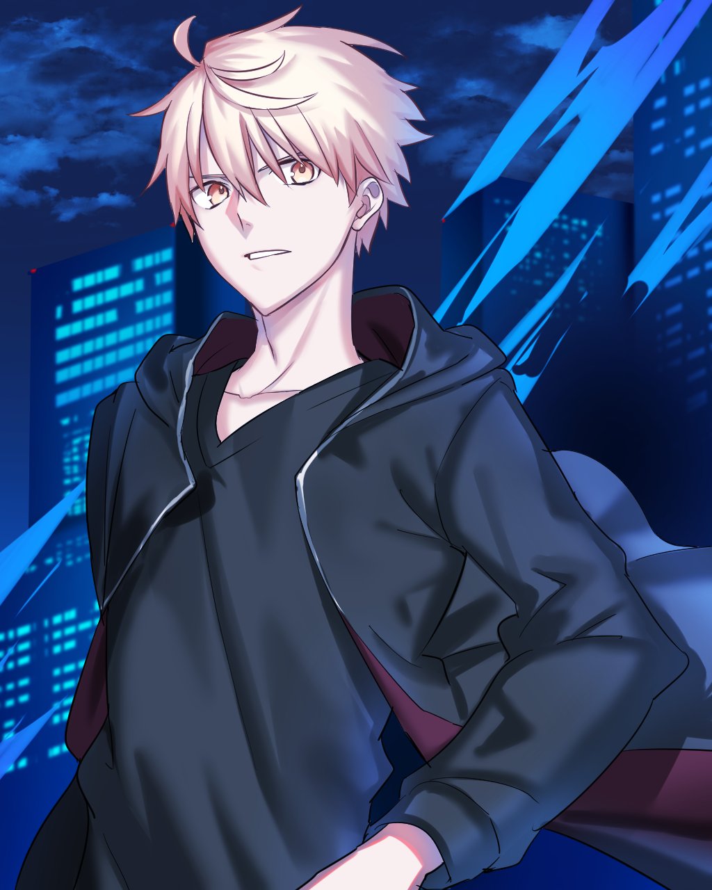 1boy ahoge blonde_hair building clouds fate/grand_order fate/prototype fate/stay_night fate_(series) genderswap genderswap_(ftm) highres hood hoodie looking_at_viewer male_focus night official_style parted_lips pentarou_(2233456) saber saber_(fate/prototype) saber_alter short_hair skyscraper solo takeuchi_takashi_(style) upper_body yellow_eyes