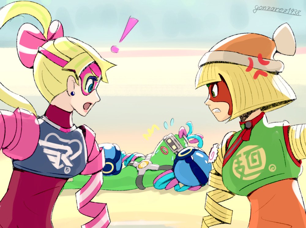 2girls angry arms_(game) bangs beanie blonde_hair blue_eyes boxing_gloves chinese_clothes dna_man_(arms) domino_mask facepaint glass goggles gonzarez goo_guy green_eyes hat long_hair mask min_min_(arms) monster_boy multicolored_hair multiple_girls ponytail ribbon ribbon_girl_(arms) short_hair two-tone_hair