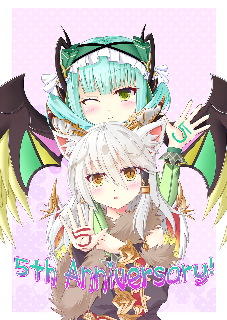 2girls :o animal_ears anniversary arm_around_shoulder arm_on_shoulder arm_over_shoulder astaroth_(p&amp;d) bangs bare_shoulders blunt_bangs blush body_writing border closed_mouth demon_girl demon_horns detached_sleeves english eyebrows_visible_through_hair eyelashes eyes_visible_through_hair feathered_wings fingernails floral_background frills fur-trimmed_sleeves fur_trim gold_trim gradient gradient_background green_eyes green_hair green_nails hair_between_eyes hair_over_shoulder hair_tubes hand_up head_tilt headdress highres horns ilmina_(p&amp;d) long_hair long_sleeves looking_at_viewer multicolored multicolored_wings multiple_girls nail_polish one_eye_closed open_hand open_mouth outside_border pink_background polka_dot polka_dot_background puzzle_&amp;_dragons raised_eyebrows sharp_fingernails sidelocks sleeve_cuffs smile spiked_wings text white_border white_hair wings