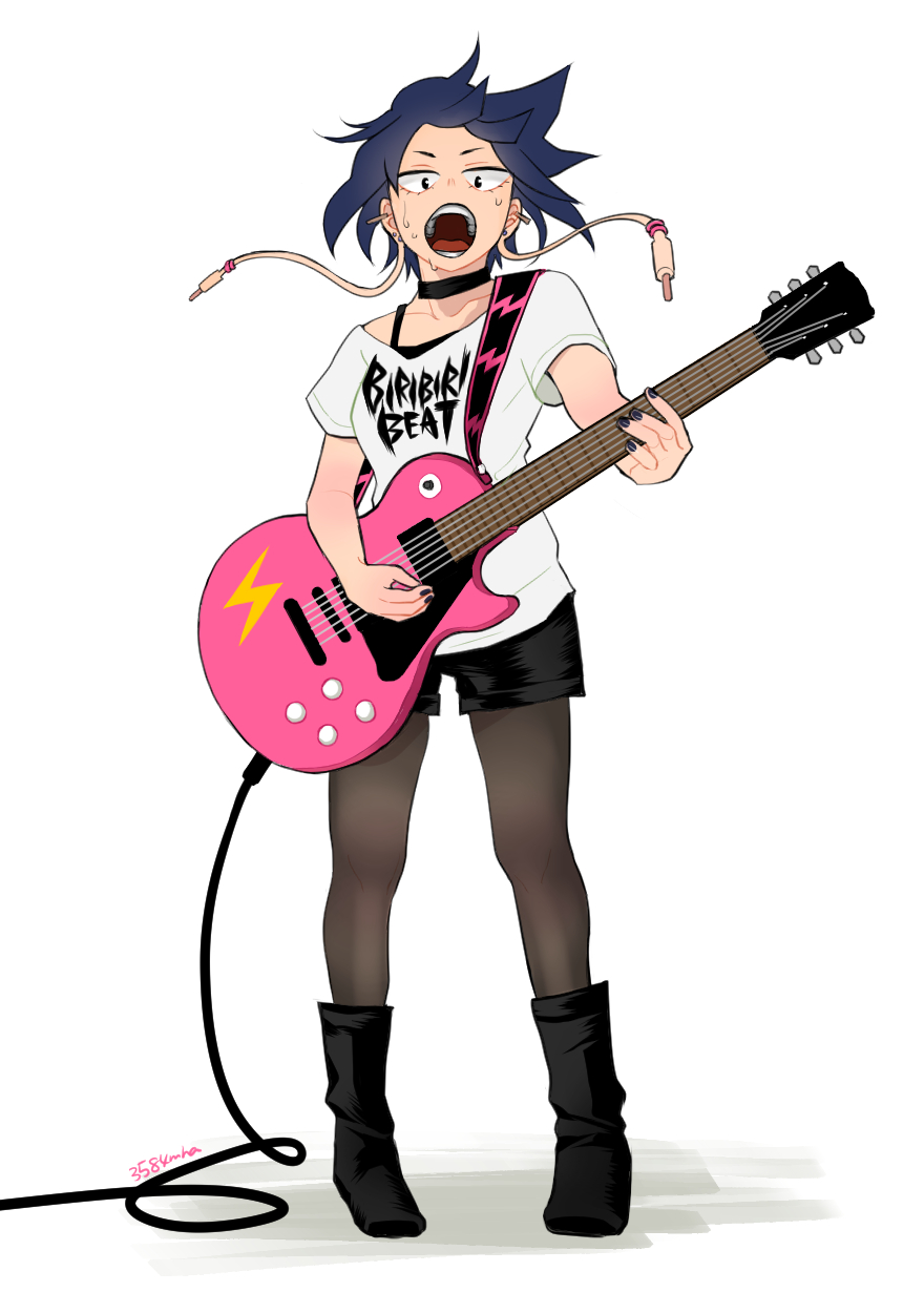1girl 3584mha black_shorts blue_hair boku_no_hero_academia boots casual choker ear_piercing earplugs electric_guitar full_body guitar highres instrument jirou_kyouka looking_at_viewer open_mouth pantyhose piercing shirt short_sleeves shorts simple_background solo sweat t-shirt teeth twitter_username white_background wire