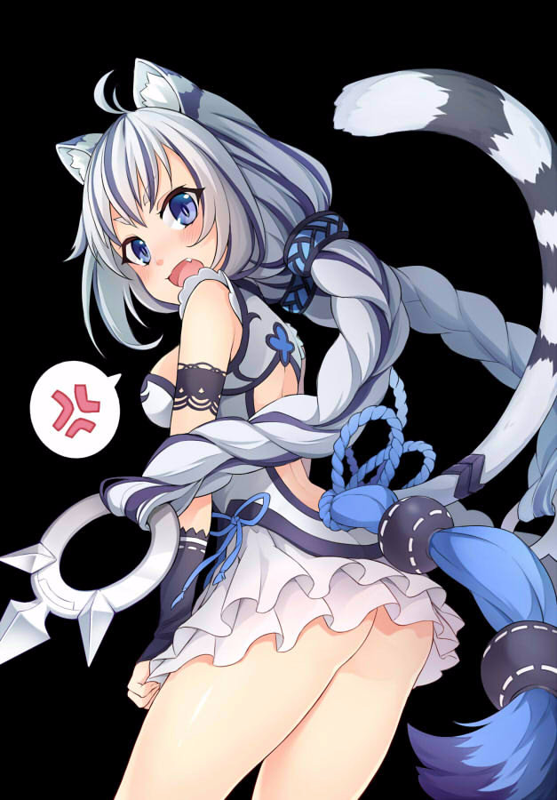 1girl 3.14 ahoge anger_vein animal_ears ass backless_outfit bangs black_background blue_eyes blush braid breasts cat_ears cat_tail copyright_request cowboy_shot d:&lt; fang from_behind grey_hair legs_apart long_hair looking_at_viewer looking_back low_twintails medium_breasts multicolored_hair no_panties open_mouth purple_hair simple_background skirt solo spoken_anger_vein streaked_hair tail thighs twin_braids twintails white_skirt