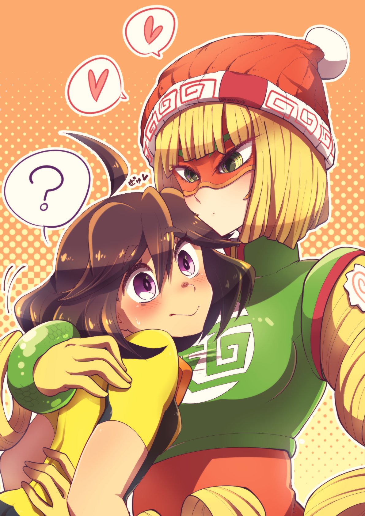 2girls ahoge arms_(game) bangs beanie blonde_hair bodysuit brown_hair chinese_clothes domino_mask facepaint goggles green_eyes hat highres hug mask mechanica_(arms) min_min_(arms) multiple_girls short_hair violet_eyes yuri