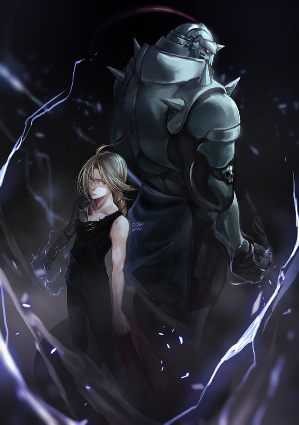 017m 2016 2boys ahoge alphonse_elric armor artist_name back-to-back bare_arms bare_shoulders belt black_pants black_shirt blonde_hair braid brothers clenched_hand closed_mouth collarbone commentary dated edward_elric electricity from_above fullmetal_alchemist glowing glowing_eyes height_difference long_hair looking_at_viewer male_focus mechanical_arm multiple_boys pants shirt shoulder_spikes siblings spikes standing tank_top toned torn_clothes yellow_eyes