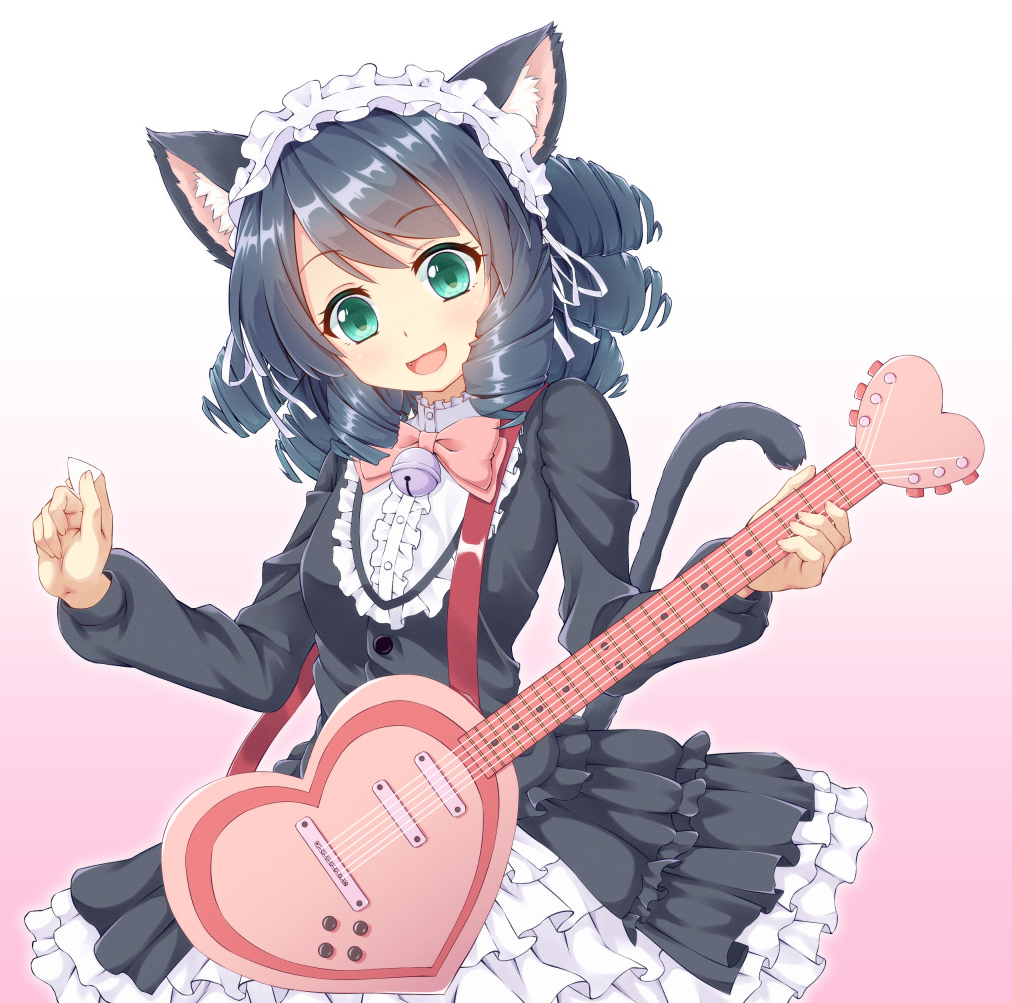 1girl animal_ears bell black_hair blush cat_ears cat_tail commentary curly_hair cyan_(show_by_rock!!) gothic_lolita gradient gradient_background green_eyes guitar instrument lolita_fashion long_sleeves looking_down maid_headdress open_mouth show_by_rock!! smile solo tail yuukyan_(ucan85)