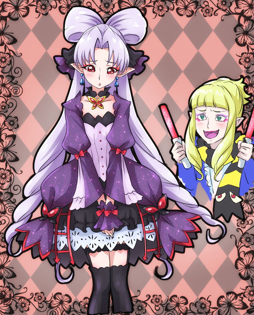 1boy 1girl akagi_towa albino alternate_costume argyle argyle_background bangs baton black_legwear blonde_hair bubble_skirt chocokin cowboy_shot detached_collar dress earrings embarrassed go!_princess_precure green_eyes hair_ribbon heart heart_eyes jewelry layered_dress long_hair parted_bangs pointy_ears precure purple_dress quad_tails red_eyes ribbon scarf shut_(go!_princess_precure) sidelocks skirt striped striped_scarf thigh-highs twilight_(go!_princess_precure) v_arms white_hair