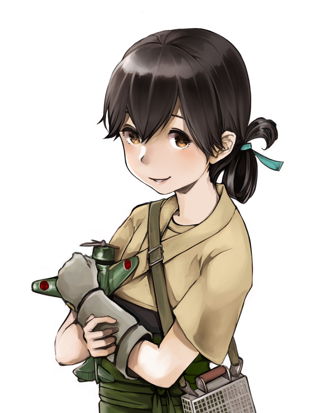 1girl a5m aircraft airplane bcrow black_hair brown_eyes folded_ponytail gloves green_hakama green_kimono hakama japanese_clothes kantai_collection kasuga_maru_(kantai_collection) kimono parted_lips simple_background single_glove smile solo taiyou_(kantai_collection) upper_body white_background