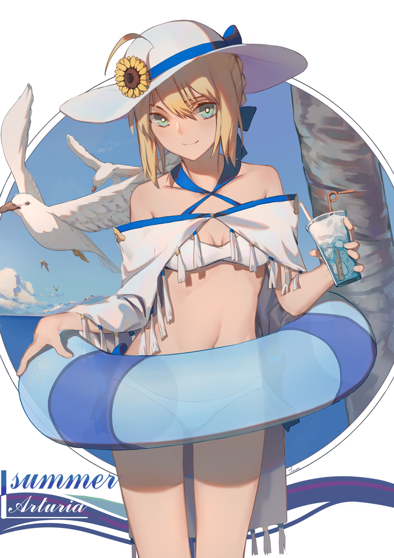 1girl ahoge alternate_costume animal artoria_pendragon_(all) bare_shoulders bikini bird blonde_hair blue_ribbon blue_sky blush breasts bright_pupils character_name cleavage clouds collarbone cowboy_shot criss-cross_halter cup day drinking_glass drinking_straw fate/stay_night fate_(series) flower fringe green_eyes hair_between_eyes halterneck hat hat_flower hat_ribbon holding_glass ice ice_cube innertube lanzi_(415460661) looking_at_viewer navel off_shoulder outdoors palm_tree ribbon saber seagull short_hair sidelocks signature sky small_breasts solo standing stomach summer sun_hat sunflower swimsuit transparent tree white_bikini white_hat
