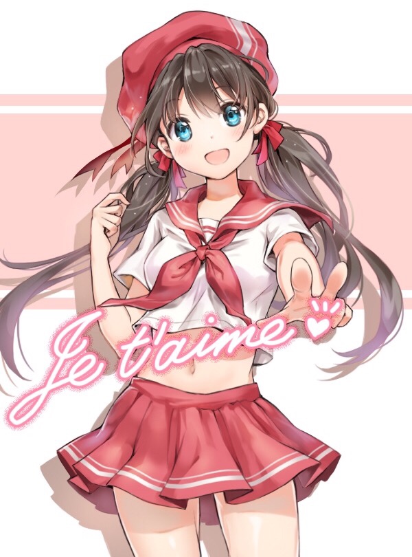 1girl blue_eyes blush brown_hair crop_top crop_top_overhang foreshortening french hair_ribbon hat looking_at_viewer midriff navel open_mouth original outstretched_arm pleated_skirt ribbon school_uniform serafuku shadow shangguan_feiying shiny shiny_skin short_sleeves skirt smile solo twintails