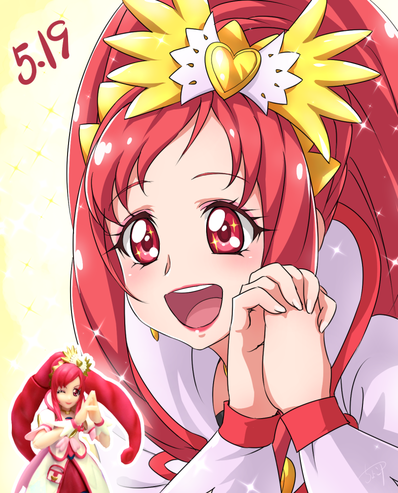 1girl :d blush chocokin close-up cure_ace dokidoki!_precure figure hands_clasped happy lipstick long_hair madoka_aguri magical_girl makeup open_mouth precure red_eyes red_lipstick redhead smile solo sparkle wrist_cuffs