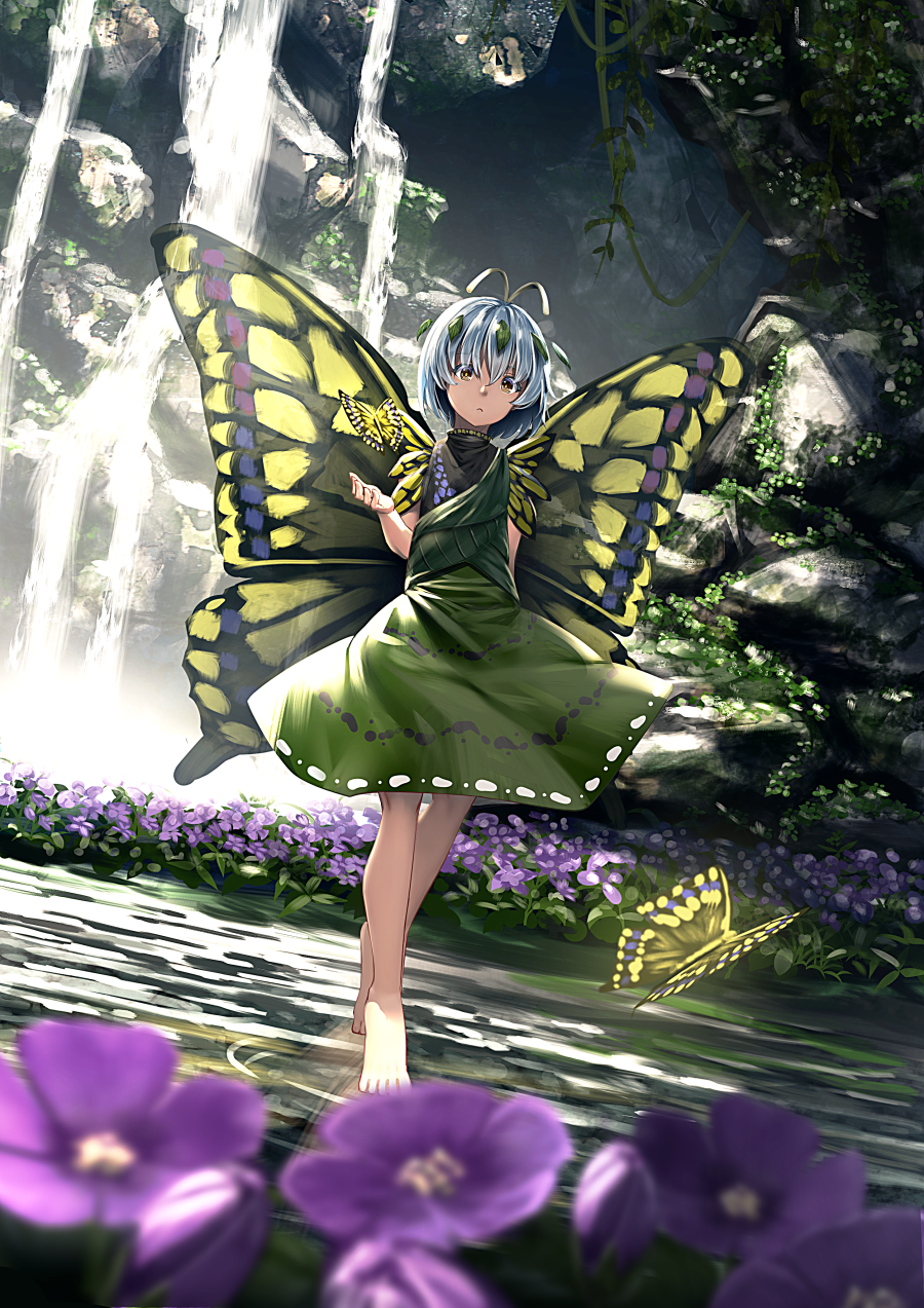 1girl antennae barefoot blue_hair brown_eyes butterfly butterfly_wings commentary_request day dress eternity_larva flower full_body green_dress hair_between_eyes hair_ornament highres leaf leaf_hair_ornament leaf_on_head looking_at_viewer outdoors ryosios short_dress short_hair solo touhou water waterfall wings