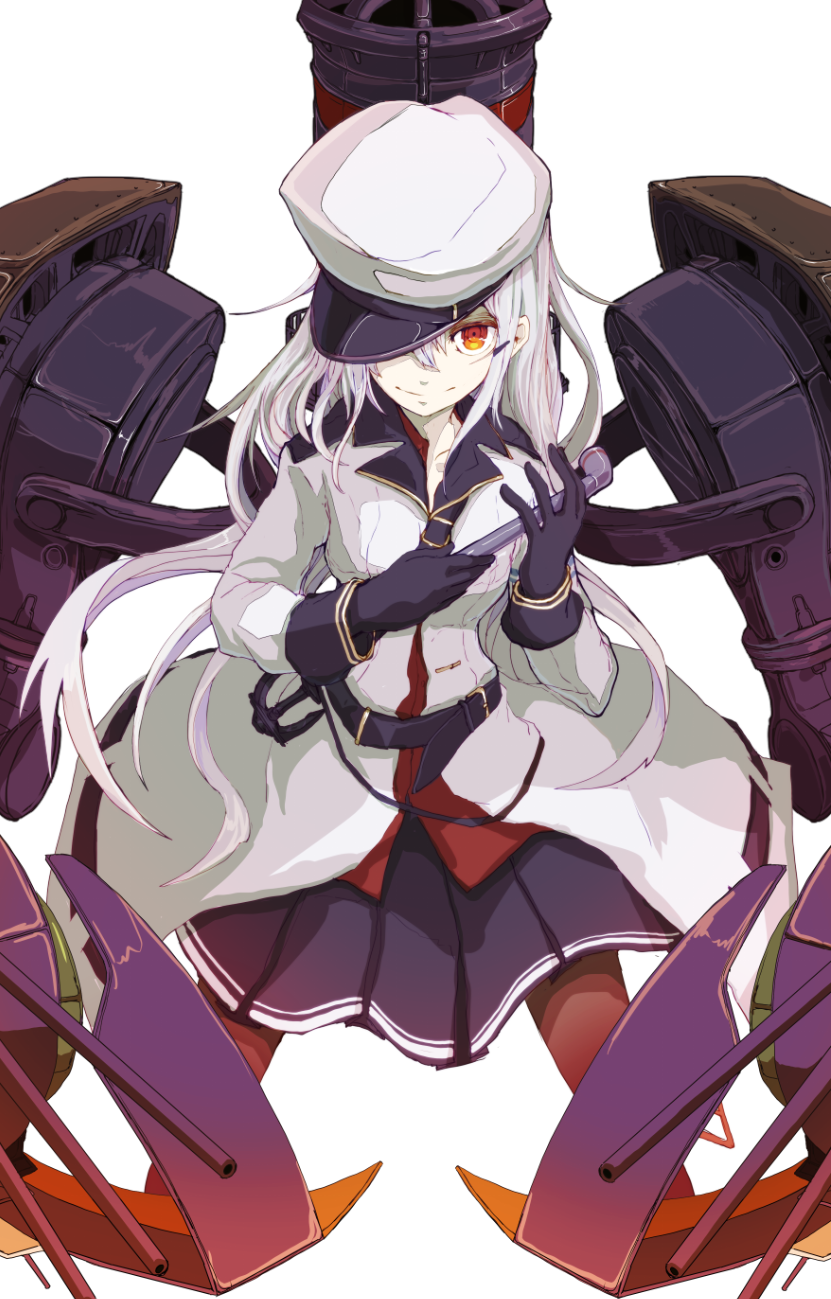 1girl anchor boushi-ya gangut_(kantai_collection) gloves hair_ornament hairclip hat highres jacket kantai_collection long_hair looking_at_viewer machinery miniskirt one_eye_covered peaked_cap pipe pleated_skirt red_eyes revision silver_hair skirt smile solo