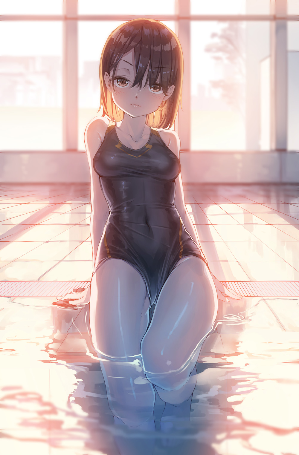 1girl black_hair black_swimsuit blurry blush breasts brown_eyes covered_navel depth_of_field eyebrows_visible_through_hair fangxiang_cuoluan highres looking_at_viewer medium_breasts one-piece_swimsuit original partially_submerged pool short_hair sitting soaking_feet solo swimsuit unamused water wet window