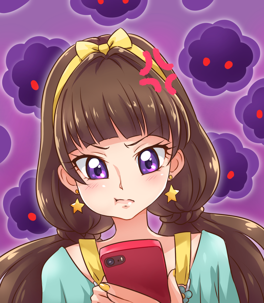 1girl :t amanogawa_kirara anger_vein annoyed bow brown_hair cellphone chocokin close-up earrings go!_princess_precure iphone jewelry long_hair nail_polish phone precure purple_background smartphone solo star star_earrings twintails violet_eyes yellow_bow yellow_hairband yellow_nails