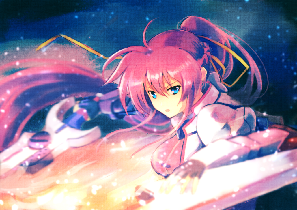 1girl blue_eyes breasts cropped_jacket fingerless_gloves gauntlets gloves hair_ribbon humi jacket levantine long_hair looking_at_viewer lyrical_nanoha mahou_shoujo_lyrical_nanoha mahou_shoujo_lyrical_nanoha_a's open_mouth pink_hair ponytail puffy_sleeves ribbon sheath shiny shiny_hair sidelocks signum solo sword unsheathed weapon