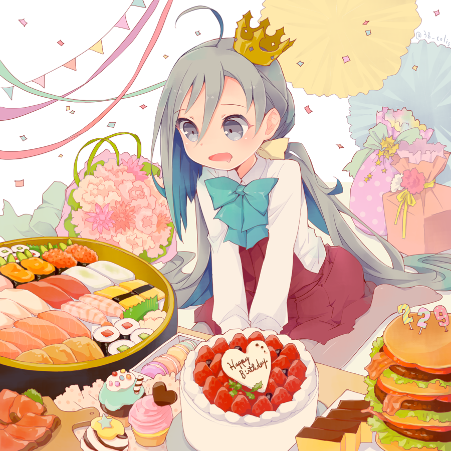 1girl ahoge birthday birthday_cake blue_bow blue_bowtie blue_hair bouquet bow bowtie cake colis commentary_request confetti crown cupcake cutting_board dress drooling flower food fruit gift grey_eyes grey_hair grey_legwear hair_between_eyes hamburger happy_birthday heart kantai_collection kiyoshimo_(kantai_collection) long_hair long_sleeves looking_down low_twintails macaron mini_crown multicolored_hair no_shoes open_mouth pantyhose shirt simple_background sitting sleeveless sleeveless_dress solo strawberry streamers string_of_flags sushi twintails twitter_username v_arms very_long_hair wariza white_background white_shirt