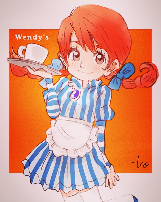1girl apron blue_bow bow brown_eyes coffee_mug copyright_name dress freckles hair_bow juliet_sleeves long_hair long_sleeves low_twintails puffy_sleeves redhead signature smile solo standing standing_on_one_leg striped striped_dress takeuchi_kou thigh-highs tray twintails vertical_stripes waist_apron wendy's wendy_(wendy's) white_legwear