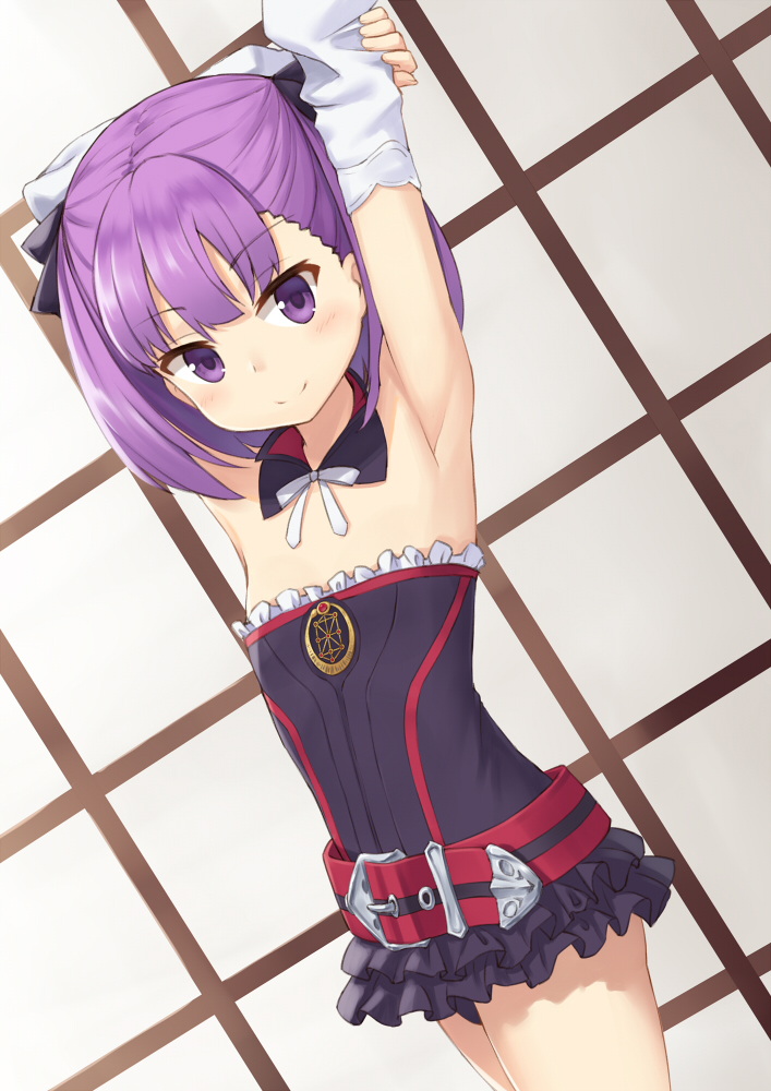 1girl arm_up armpits bare_shoulders belt blush detached_sleeves fate/grand_order fate_(series) flat_chest heijialan helena_blavatsky_(fate/grand_order) looking_at_viewer purple_hair short_hair smile solo strapless tree_of_life type-moon violet_eyes