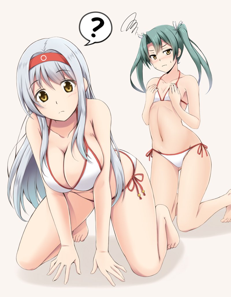 2girls ? all_fours bangs barefoot bikini blush breast_squeeze breasts brown_eyes cleavage closed_mouth collarbone covering covering_breasts eyebrows_visible_through_hair frown full_body fuuma_nagi gluteal_fold grey_hair hairband kantai_collection kneeling large_breasts long_hair looking_at_viewer multiple_girls navel panties red_hairband shoukaku_(kantai_collection) side-tie_bikini side-tie_panties simple_background small_breasts spoken_question_mark squiggle swimsuit twintails underwear white_background white_bikini white_hair yellow_eyes zuikaku_(kantai_collection)
