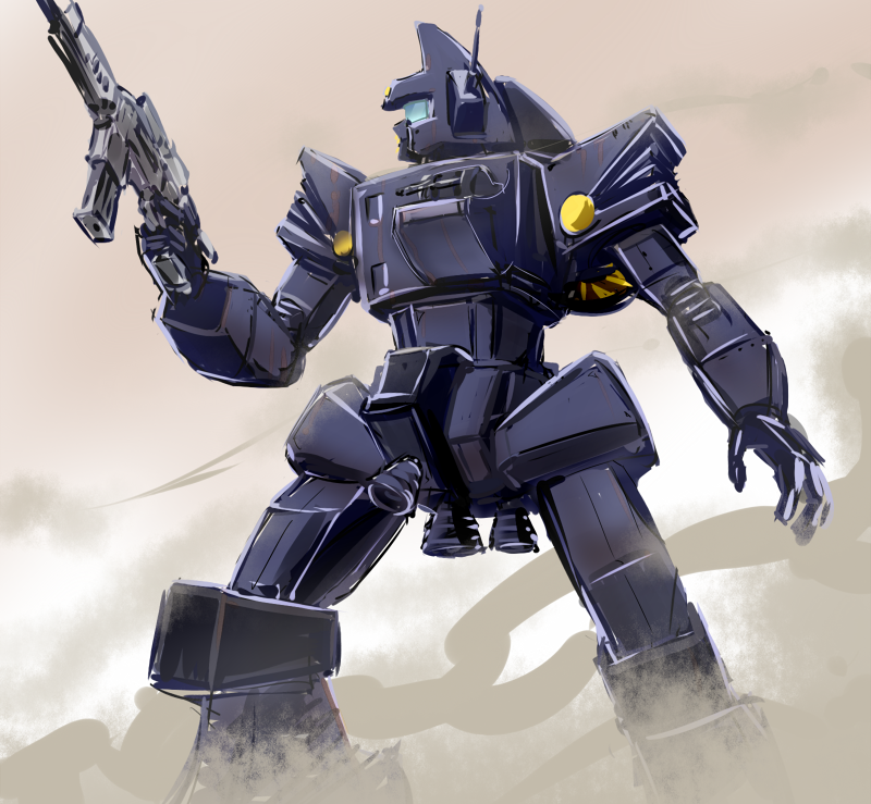 assault_rifle gun iesupa mecha pose rifle robot sentou_mecha_xabungle smoke solo thrusters weapon