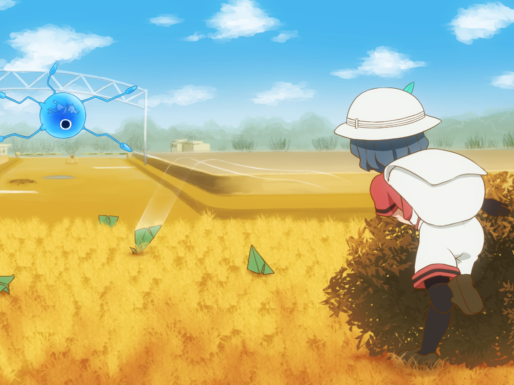 2girls animal_ears backpack bad_end bag beige_shorts black_hair black_legwear blonde_hair blue_sky bucket_hat bush cerulean_(kemono_friends) day feathers from_behind gate grass hat hiding kaban_(kemono_friends) kemono_friends motion_lines multiple_girls one-eyed paper_airplane red_shirt scared serval serval_ears serval_tail shirosato shirt short_sleeves skirt sky solo_focus tail tree