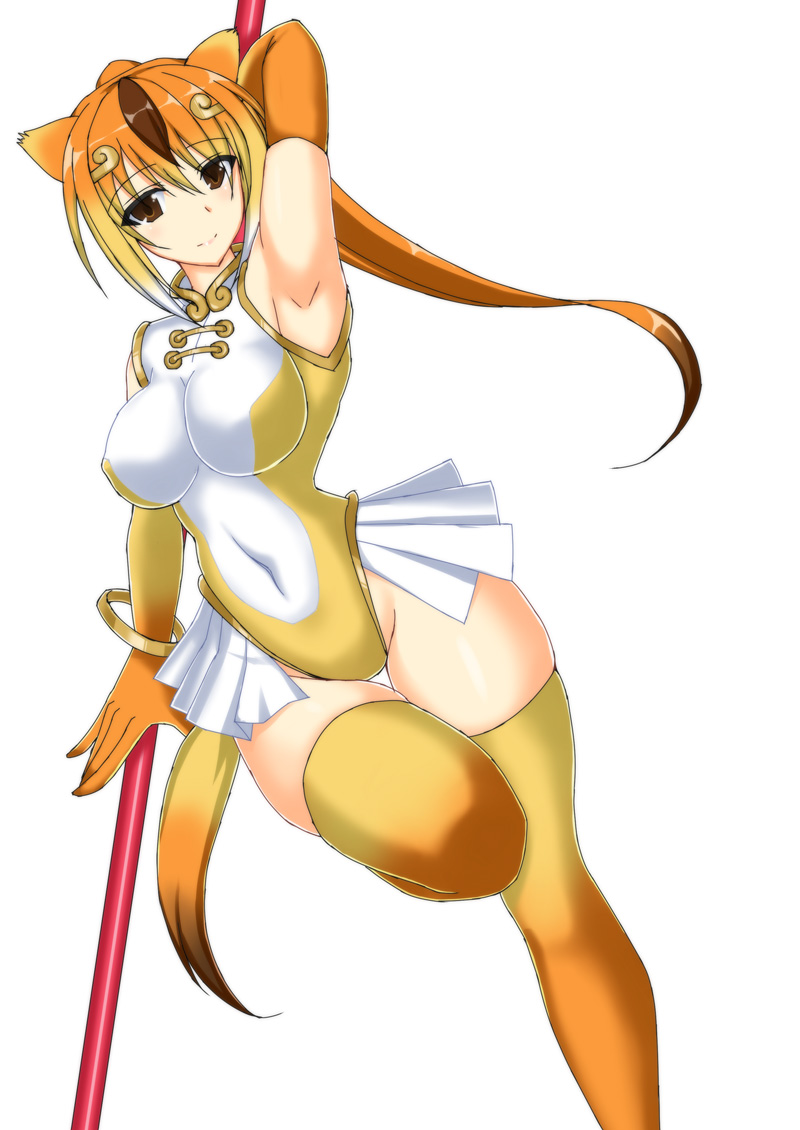 1girl animal_ears blonde_hair bracelet circlet elbow_gloves fuuki_(misty_wind) gloves golden_snub-nosed_monkey_(kemono_friends) high_ponytail highleg highleg_leotard holding holding_staff jewelry kemono_friends leotard long_hair looking_at_viewer monkey_ears monkey_tail multicolored_hair orange_hair ponytail solo staff tail thigh-highs yellow_legwear