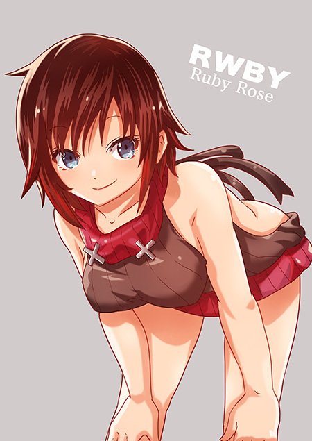 1girl grey_eyes hands_on_own_knees leaning_forward looking_at_viewer meme_attire redhead ruby_rose rwby skirt smile solo virgin_killer_sweater