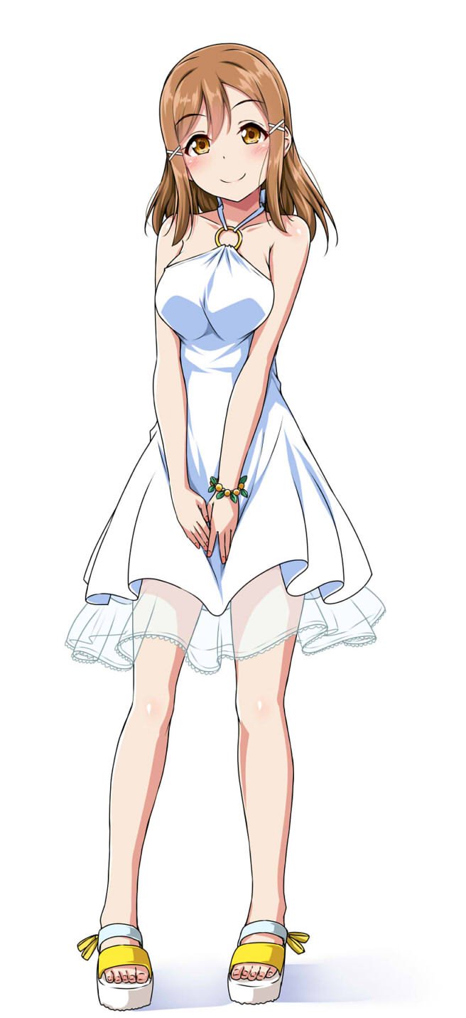 1girl bangs blush bracelet brown_eyes brown_hair commentary_request dress full_body hair_ornament hands_together highres jewelry kunikida_hanamaru looking_at_viewer love_live! love_live!_sunshine!! o-ring sandals simple_background smile solo standing sundress toes white_background white_dress x_hair_ornament yopparai_oni