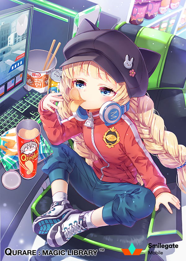 animal_hat black_hat blonde_hair blue_eyes braid brand_name_imitation bunny_pin can cat_hat chair chips computer copyright_name eating food hat headphones headphones_around_neck indoors jacket keyboard long_hair looking_at_viewer montgomery_(qurare) official_art potato_chips pringle_duck qurare_magic_library shoes sitting sneakers socks soda_bottle soda_can very_long_hair watermark white_legwear zenyu zipper