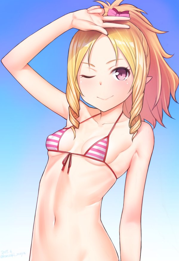 &gt;;) 1girl arm_up bikini blonde_hair bow breasts collarbone commentary_request drill_hair erect_nipples eromanga_sensei gradient gradient_background hair_bow kanzaki_muyu long_hair looking_at_viewer navel pink_eyes pointy_ears ponytail small_breasts solo stomach striped striped_bikini swimsuit upper_body v yamada_elf
