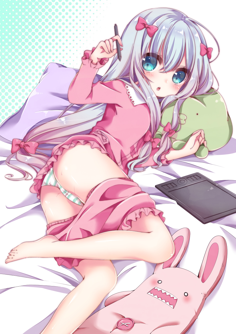 1girl aqua_eyes barefoot blue_hair bow eromanga_sensei hair_bow izumi_sagiri legs long_hair looking_at_viewer lying maron_cake panties pink_bow polka_dot polka_dot_background striped striped_panties stuffed_animal stuffed_bunny stuffed_octopus stuffed_toy stylus tablet_pc underwear