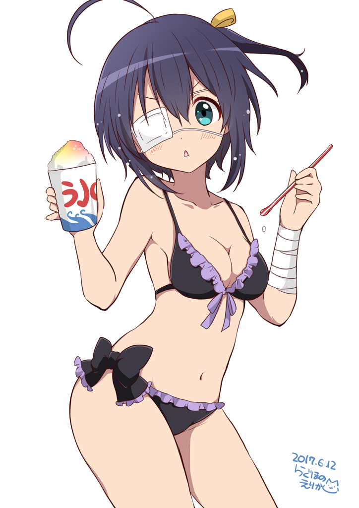 bikini blush ice_cream purple_eyes short_hair side_ponytail takanashi_rikka violet_hair