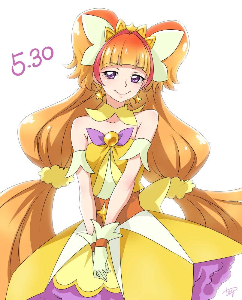 1girl amanogawa_kirara brown_hair c: chocokin closed_mouth cowboy_shot cure_twinkle detached_collar earrings gloves go!_princess_precure jewelry long_hair looking_at_viewer low-tied_long_hair magical_girl multicolored_hair precure quad_tails redhead skirt smile solo star star_earrings streaked_hair twintails two-tone_hair v_arms violet_eyes white_background white_gloves yellow_skirt