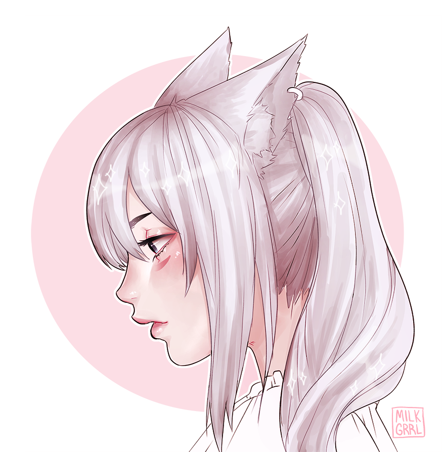 1girl animal_ears artist_name cat_ears commentary earrings facial_mark final_fantasy final_fantasy_xiv from_side jewelry lips long_hair milkgrrl miqo'te nose parted_lips portrait profile simple_background solo white_background white_hair