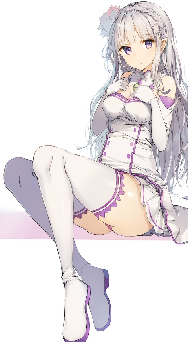 1girl arms_at_sides bangs boots braid breasts crown_braid emilia_(re:zero) eyebrows_visible_through_hair flower gloves hair_flower hair_ornament hands_on_breasts hands_on_own_chest hands_up highres image_sample long_hair looking_at_viewer medium_breasts pleated_skirt pointy_ears re:zero_kara_hajimeru_isekai_seikatsu rurikoma sidelocks silver_hair sitting skirt thigh-highs thighs very_long_hair violet_eyes white_background white_boots white_gloves white_hair white_legwear white_skirt