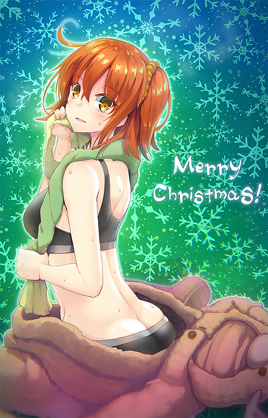 1girl ahoge akahito animal_costume ass back bangs bare_arms bare_shoulders bike_shorts blurry blush butt_crack depth_of_field drying eyebrows_visible_through_hair fate_(series) from_side fujimaru_ritsuka_(female) gradient gradient_background looking_at_viewer merry_christmas orange_eyes orange_hair parted_lips reindeer_costume shiny shiny_hair short_hair side_ponytail sitting smile snowflake_background solo sports_bra sweat wet