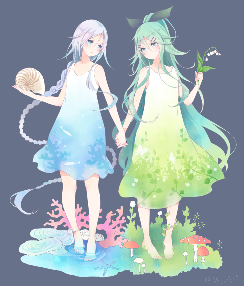 2girls absurdly_long_hair alternate_costume animal_print anklet aqua_eyes aqua_hair bare_arms bare_shoulders barefoot black_ribbon blue_dress blue_eyes blue_hair braid colis coral dress faux_figurine fish_print flat_chest floral_print flower full_body gradient_hair green_dress green_hair hair_between_eyes hair_ornament hair_ribbon hairclip hand_holding head_tilt helix holding holding_flower interlocked_fingers jewelry kadokawa_shoten kantai_collection long_hair looking_at_another looking_to_the_side multicolored_hair multiple_girls mushroom ponytail purple_background ribbon seashell shell simple_background single_braid sleeveless sleeveless_dress starfish tareme twitter_username umikaze_(kantai_collection) very_long_hair yamakaze_(kantai_collection)