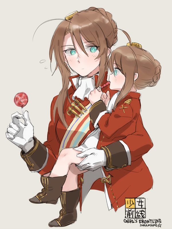 artist_name boots braid brown_boots brown_hair bullet candy carrying coat copyright_name cuffs dual_persona eating flush food french_braid girls_frontline gloves green_eyes hair_ornament knee_boots lee-enfield_(girls_frontline) lollipop looking_at_another personification red_coat short_hair simple_background sketch soramame_(corndog) sweatdrop text time_paradox white_gloves younger