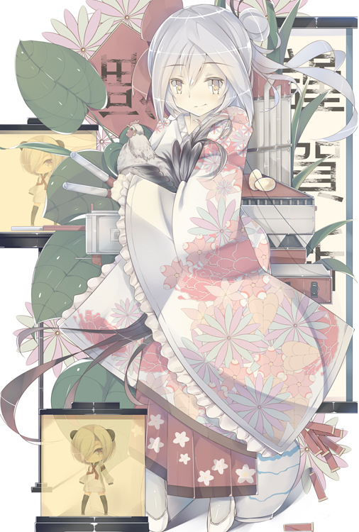 1girl bird cannon cer_(cerber) chicken chinese chinese_new_year dress firecrackers floral_background floral_print full_body graf_spee_(zhan_jian_shao_nyu) grey_hair leaf looking_at_viewer ping_hai_(zhan_jian_shao_nyu) pleated_dress shoes smile white_dress white_shoes yellow_eyes zhan_jian_shao_nyu