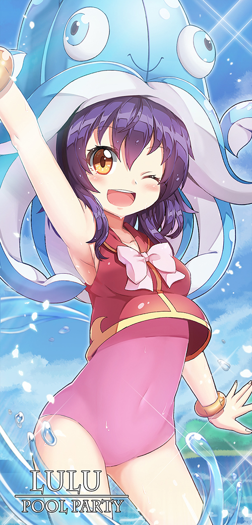 1girl ;d arm_up armpits blush bow bowtie breasts character_name covered_navel day hat league_of_legends looking_at_viewer lulu_(league_of_legends) ocean one-piece_swimsuit one_eye_closed open_mouth pink_swimsuit pool_party_lulu purple_hair shirt sideboob sky sleeveless sleeveless_shirt smile solo sora_(dkssud6580) swimsuit tentacle water waving white_bow yellow_eyes yordle