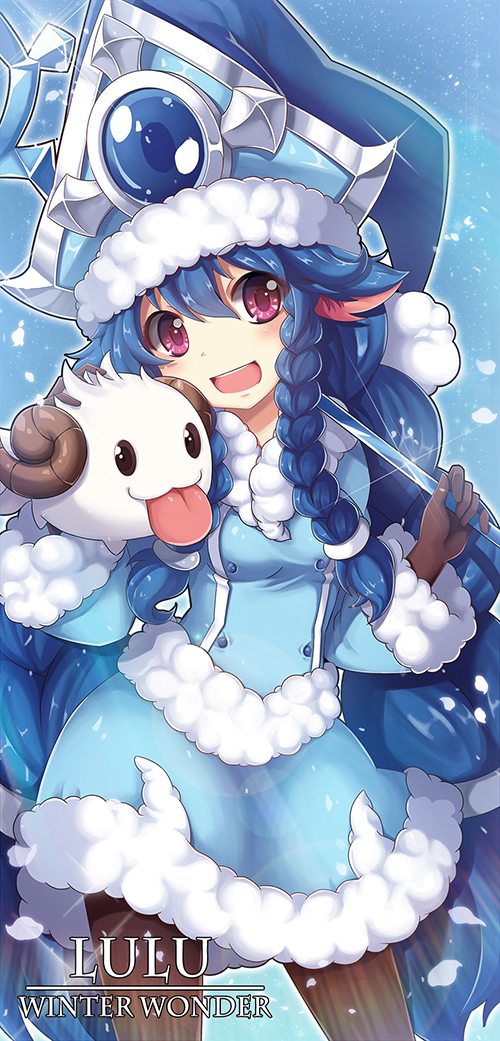 1girl blue_hair blush braid character_name dress horns league_of_legends long_hair looking_at_viewer lulu_(league_of_legends) pantyhose poro smile snow solo sora_(dkssud6580) tongue tongue_out twin_braids violet_eyes winter_clothes winter_wonder_lulu yordle