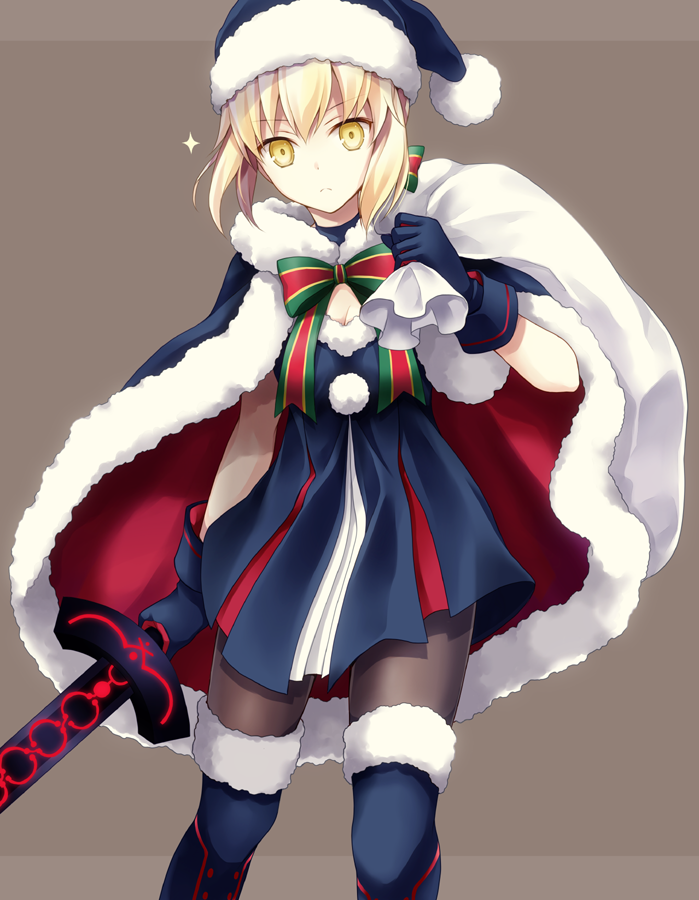 1girl black_legwear blonde_hair blue_boots blue_dress blue_gloves blue_hat blue_santa_costume boots bow bowtie breasts brown_background cape cleavage dark_excalibur dress fate/grand_order fate_(series) gift_bag gloves hat holding holding_bag holding_sword holding_weapon kubyou_azami looking_at_viewer medium_breasts pantyhose saber saber_alter santa_alter santa_boots santa_costume santa_hat short_hair_with_long_locks sidelocks solo standing striped striped_bow striped_bowtie sword thigh-highs thigh_boots weapon yellow_eyes
