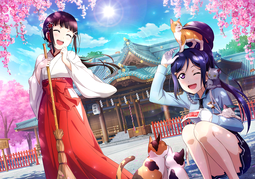 2girls alternate_costume alternate_hairstyle animal artist_request bangs black_hair blue_hair blue_sky blunt_bangs blush broom cat cherry_blossoms closed_eyes gloves hair_ornament hairclip hat hat_removed headwear_removed japanese_clothes kurosawa_dia laughing long_hair love_live! love_live!_school_idol_festival love_live!_sunshine!! low_ponytail matsuura_kanan miko mole mole_under_mouth multiple_girls necktie official_art one_eye_closed open_mouth outdoors police police_uniform policewoman ponytail shrine sky smile squatting sunlight tree uniform violet_eyes