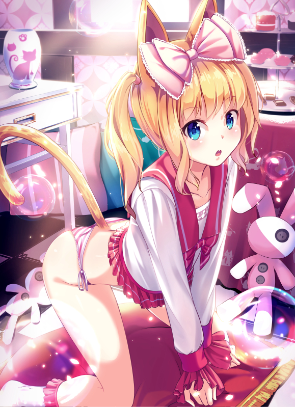 1girl :o all_fours animal_ears animal_print ass backlighting bangs blonde_hair blouse blue_eyes blush bow bubble cake_stand cat_ears cat_print cat_tail commentary day eyebrows_visible_through_hair hair_bow indoors long_hair long_sleeves looking_at_viewer no_pants open_mouth original panties pastry pink_bow revision school_uniform serafuku side-tie_panties sidelocks solo striped striped_panties stuffed_animal stuffed_bunny stuffed_toy sunlight tail teeth thighs twintails underwear wavy_hair white_blouse yan_(nicknikg)