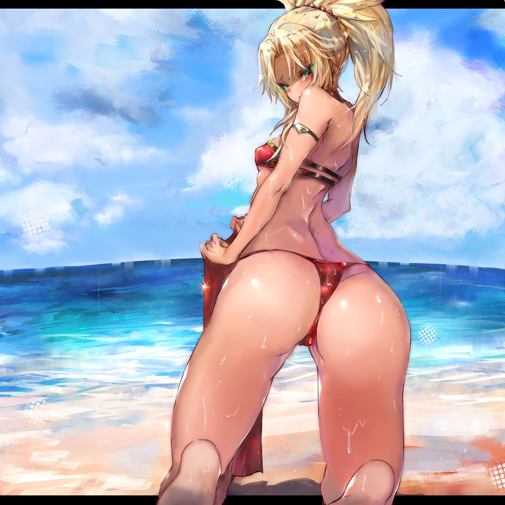 1girl ass beach bikini blonde_hair clouds cloudy_sky day fate/grand_order fate_(series) gond green_eyes jewelry kneeling long_hair looking_back mordred_(swimsuit_rider)_(fate) ocean ponytail red_bikini saber_of_red shiny shiny_skin sky summer sweat swimsuit