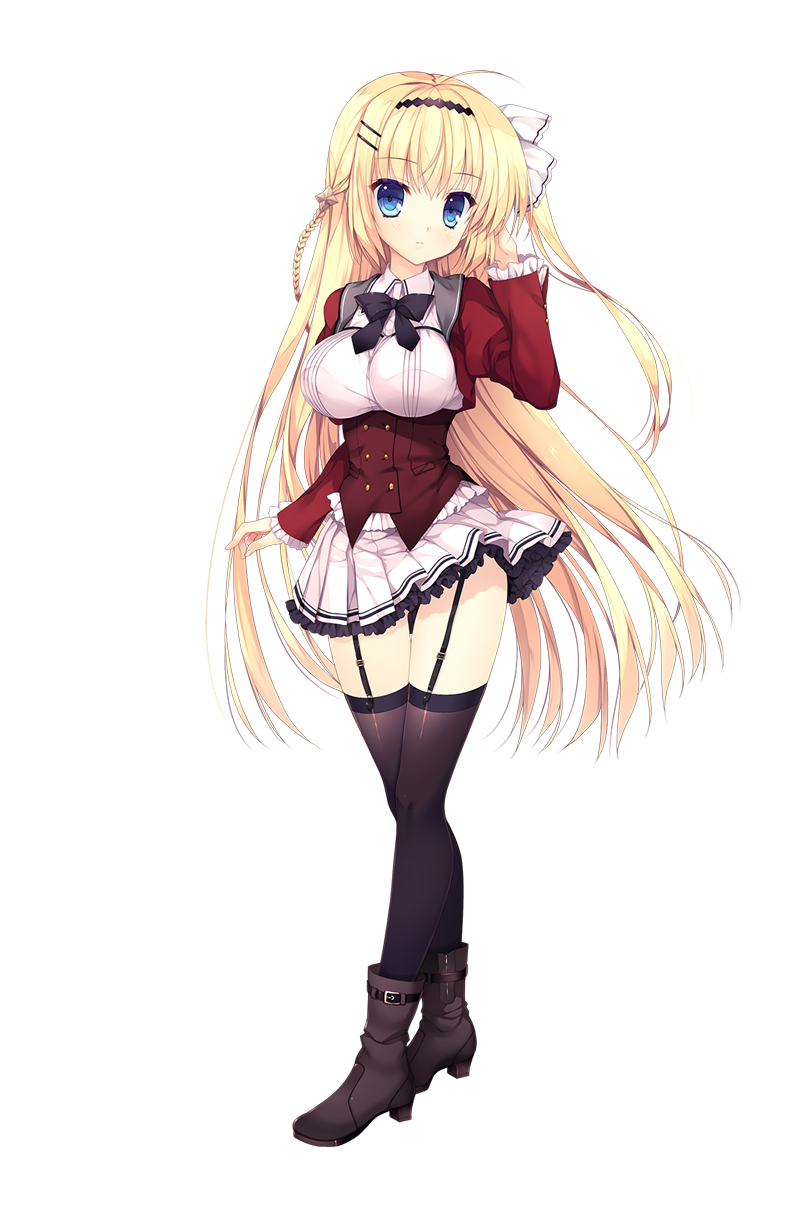 1girl bangs black_legwear blazer blonde_hair blue_eyes boots bow bowtie braid detached_sleeves eyebrows_visible_through_hair frills full_body garter_straps hair_ornament hairband hairclip haruoto_alice_gram highres jacket juliet_sleeves kuonji_kazuha_(harugura) long_hair long_sleeves looking_away mitha official_art pleated_skirt puffy_sleeves school_uniform skirt solo standing thigh-highs transparent_background very_long_hair zettai_ryouiki