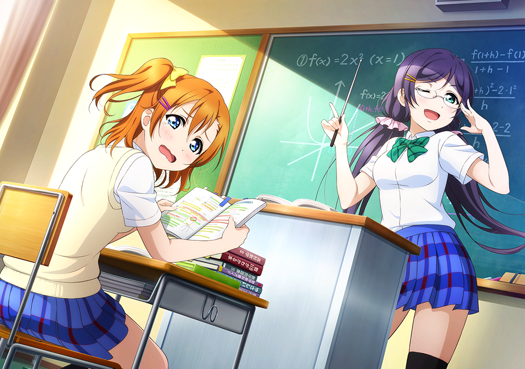 10s 2girls artist_request bangs black_legwear blush book bow breasts chalkboard checkered classroom desk glasses kousaka_honoka long_hair looking_at_viewer love_live! love_live!_school_idol_festival love_live!_school_idol_project low_twintails math multiple_girls official_art one_eye_closed one_side_up open_mouth orange_hair pleated_skirt purple_hair school_desk school_uniform scrunchie short_hair short_sleeves skirt smile studying tears thigh-highs toujou_nozomi twintails