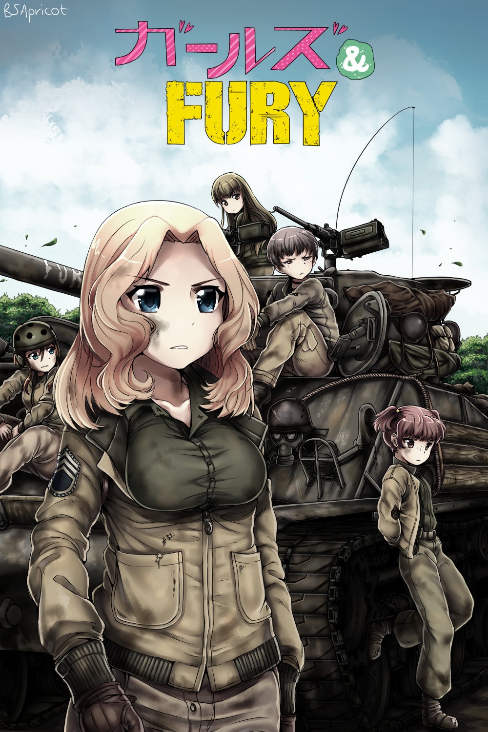 5girls alisa_(girls_und_panzer) blonde_hair blue_eyes boots brown_eyes brown_hair cable caterpillar_tracks character_request copyright_name crossover danielle_brindle extra freckles fury_(movie) gas_mask girls_und_panzer gloves ground_vehicle gun helmet helmet-chan_(girls_und_panzer) highres kay_(girls_und_panzer) leather leather_gloves log m4_sherman machine_gun military military_vehicle motor_vehicle multiple_girls naomi_(girls_und_panzer) open_hatch short_twintails tank twintails weapon