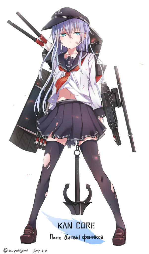 1girl anchor anchor_symbol arms_at_sides bangs black_hat black_legwear black_skirt blue_eyes blush brown_shoes cannon closed_mouth collarbone commentary_request copyright_name cyrillic dated expressionless flat_cap full_body hair_between_eyes hat hibiki_(kantai_collection) jitome kantai_collection lavender_hair legs_apart loafers long_hair long_sleeves looking_at_viewer machinery navel neckerchief pleated_skirt ranguage red_neckerchief roman_numerals russian school_uniform serafuku shoes simple_background skirt standing thigh-highs torn_clothes torn_thighhighs translation_request turret twitter_username white_background yukiguni_yuu zettai_ryouiki