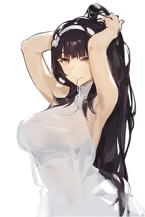 1girl adjusting_hair armpits arms_up black_hair breasts bullpup girls_frontline hairband kishiyo large_breasts long_hair looking_at_viewer personification qbz-95_(girls_frontline) revision simple_background sleeveless smile solo very_long_hair white_background white_hairband yellow_eyes