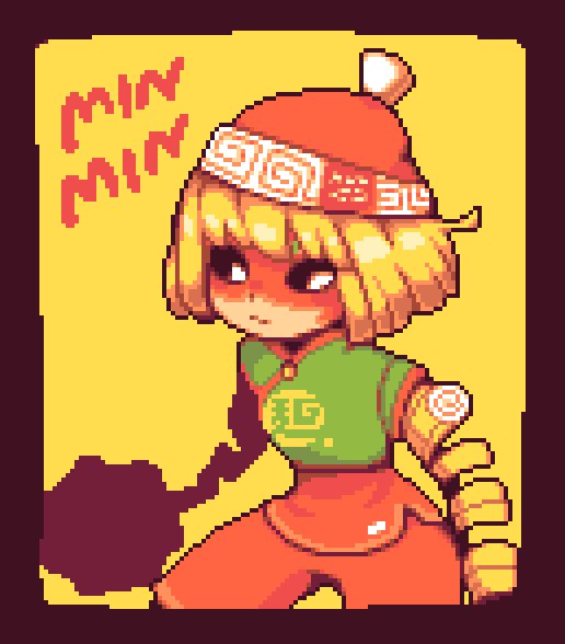 1girl arms_(game) bangs beanie bike_shorts blonde_hair chinese_clothes facepaint food green_eyes hat legwear_under_shorts looking_at_viewer mask min_min_(arms) noodles pixel_art short_hair shorts solo
